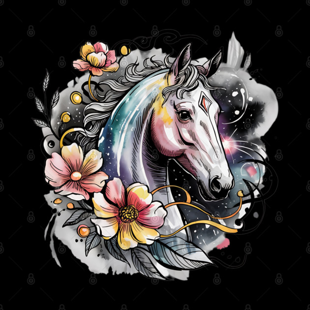 Mystic White Horse in Floral Galaxy Swirl by BirdsnStuff