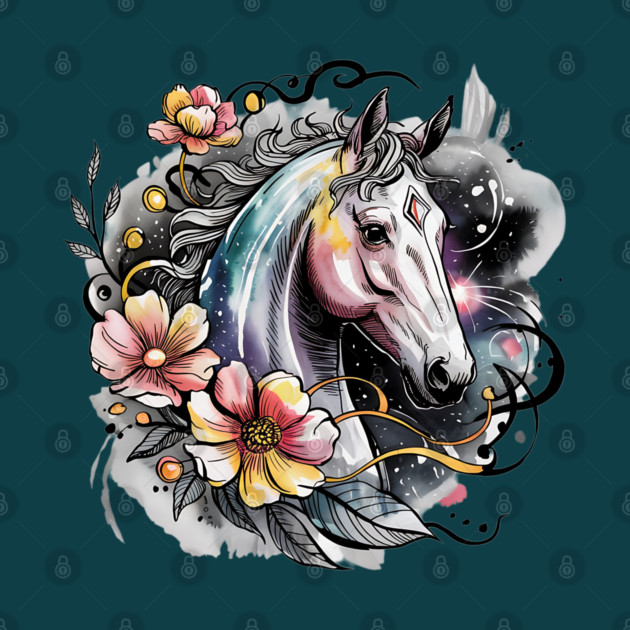 Mystic White Horse in Floral Galaxy Swirl by BirdsnStuff