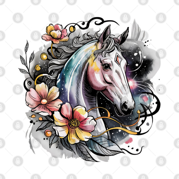 Mystic White Horse in Floral Galaxy Swirl by BirdsnStuff