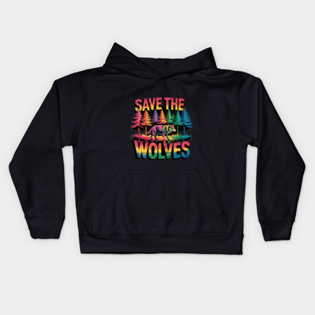 Save the Wolves Rainbow Forest Statement Art Kids Hoodie by BirdsnStuff