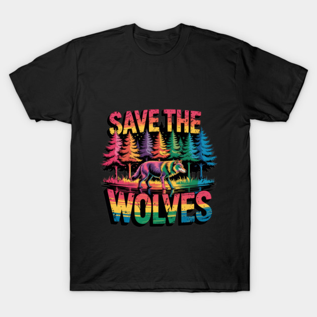 Save the Wolves Rainbow Forest Statement Art T-Shirt by BirdsnStuff