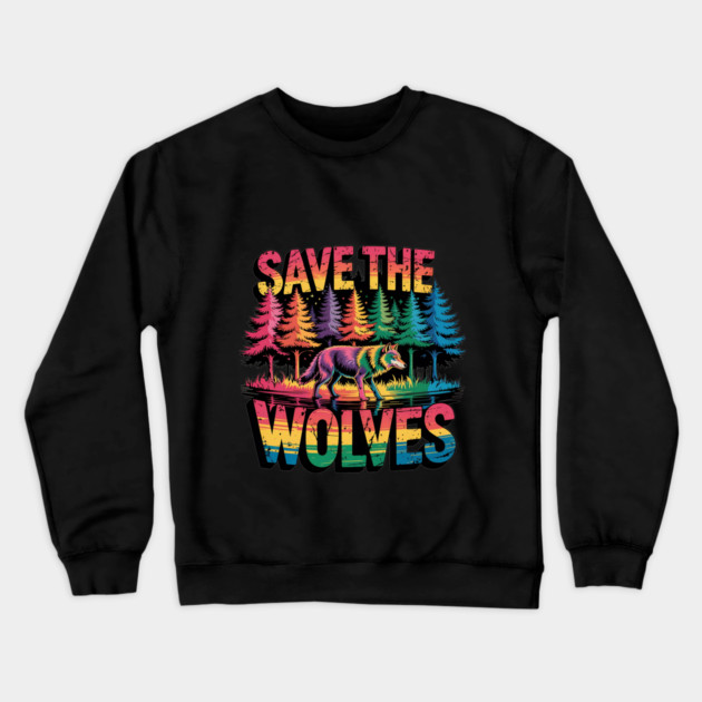 Save the Wolves Rainbow Forest Statement Art Crewneck Sweatshirt by BirdsnStuff