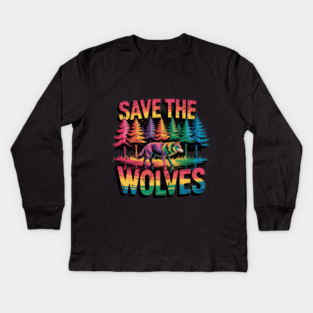 Save the Wolves Rainbow Forest Statement Art Kids Long Sleeve T-Shirt