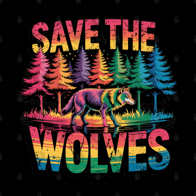 Save the Wolves Rainbow Forest Statement Art by BirdsnStuff