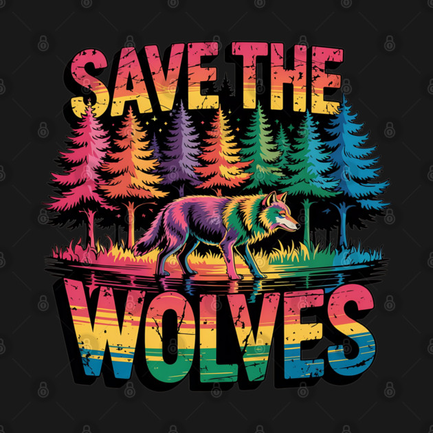 Save the Wolves Rainbow Forest Statement Art by BirdsnStuff