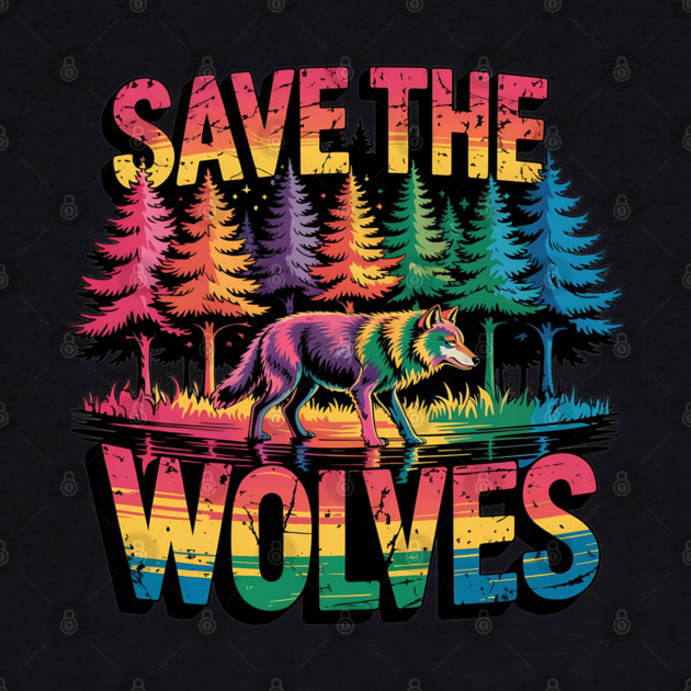 Save the Wolves Rainbow Forest Statement Art by BirdsnStuff