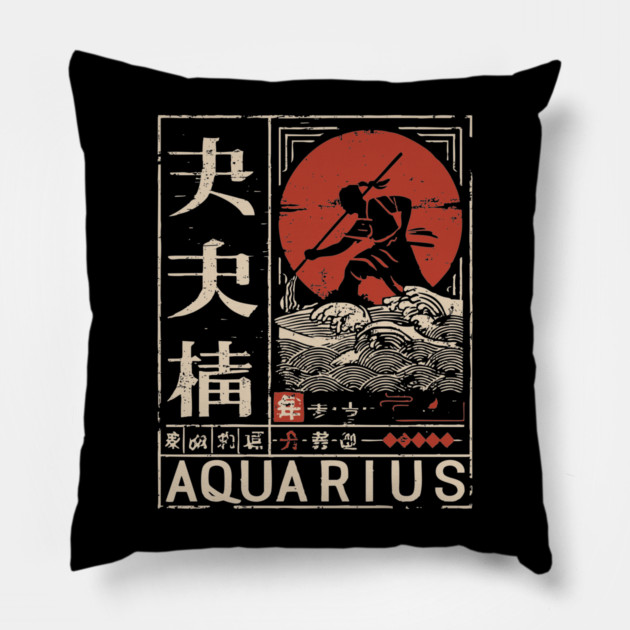 Aquarius Zodiac Poster – Japanese Woodblock-Style Air Sign Art Pillow by TuncGK