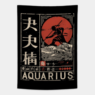 Aquarius Zodiac Poster – Japanese Woodblock-Style Air Sign Art Tapestry