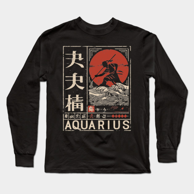 Aquarius Zodiac Poster – Japanese Woodblock-Style Air Sign Art Long Sleeve T-Shirt by TuncGK