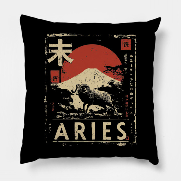 Aries Zodiac Poster – Bold Ram in Japanese Minimalist Style Pillow by TuncGK