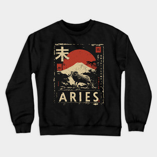 Aries Zodiac Poster – Bold Ram in Japanese Minimalist Style Crewneck Sweatshirt