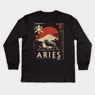 Aries Zodiac Poster – Bold Ram in Japanese Minimalist Style Kids Long Sleeve T-Shirt