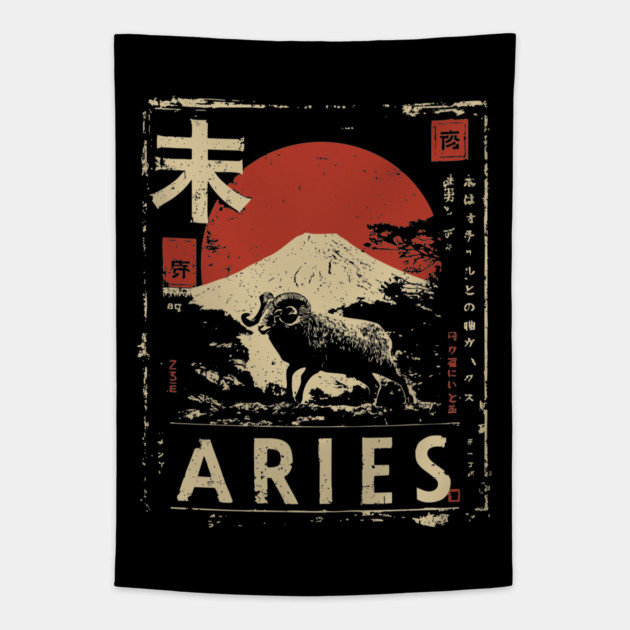 Aries Zodiac Poster – Bold Ram in Japanese Minimalist Style Tapestry by TuncGK
