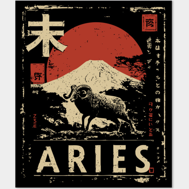 Aries Zodiac Poster – Bold Ram in Japanese Minimalist Style Wall Art by TuncGK