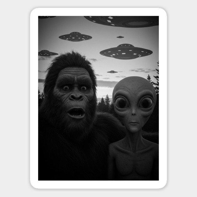 Funny Scared Bigfoot Selfie with Alien and UFOs Magnet by Megadorim