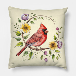Northern Cardinal with Blossoms and Botanical Charm Pillow