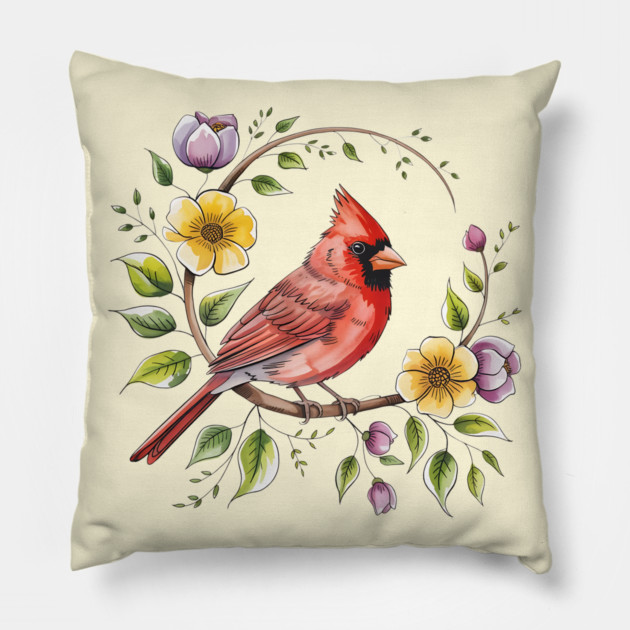 Northern Cardinal with Blossoms and Botanical Charm Pillow by BirdsnStuff
