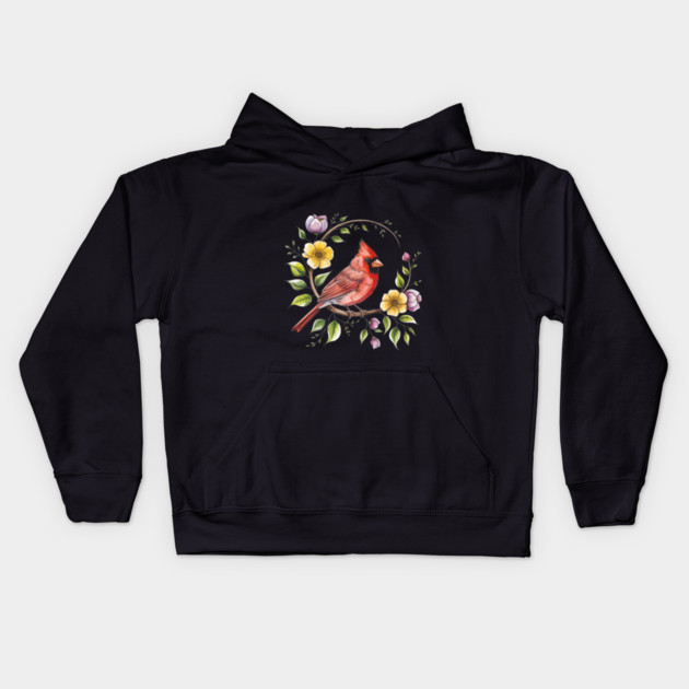Northern Cardinal with Blossoms and Botanical Charm Kids Hoodie by BirdsnStuff