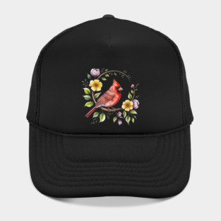 Northern Cardinal with Blossoms and Botanical Charm Hat
