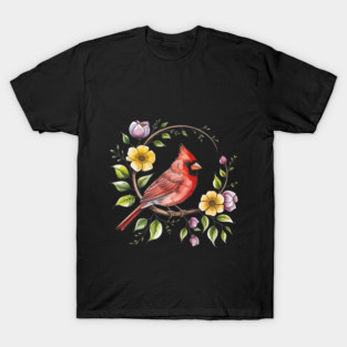 Northern Cardinal with Blossoms and Botanical Charm T-Shirt