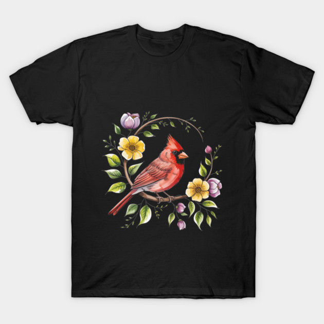 Northern Cardinal with Blossoms and Botanical Charm T-Shirt by BirdsnStuff