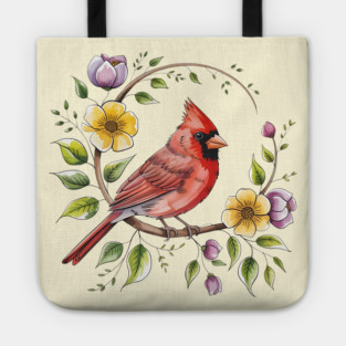 Northern Cardinal with Blossoms and Botanical Charm Tote