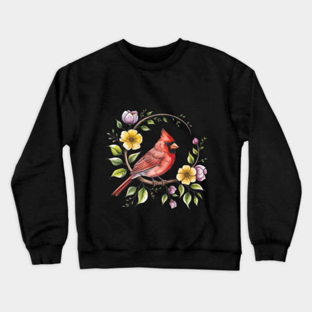 Northern Cardinal with Blossoms and Botanical Charm Crewneck Sweatshirt by BirdsnStuff
