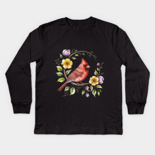 Northern Cardinal with Blossoms and Botanical Charm Kids Long Sleeve T-Shirt