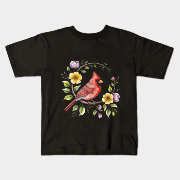 Northern Cardinal with Blossoms and Botanical Charm Kids T-Shirt by BirdsnStuff