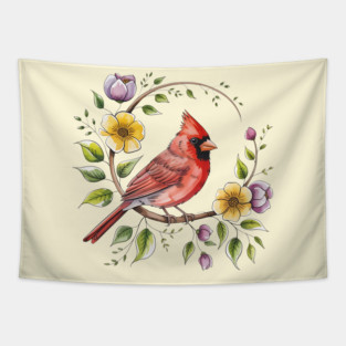 Northern Cardinal with Blossoms and Botanical Charm Tapestry