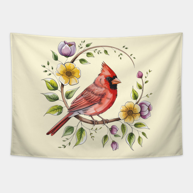 Northern Cardinal with Blossoms and Botanical Charm Tapestry by BirdsnStuff