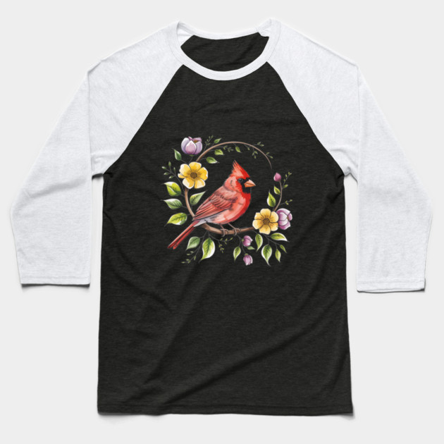 Northern Cardinal with Blossoms and Botanical Charm Baseball T-Shirt by BirdsnStuff