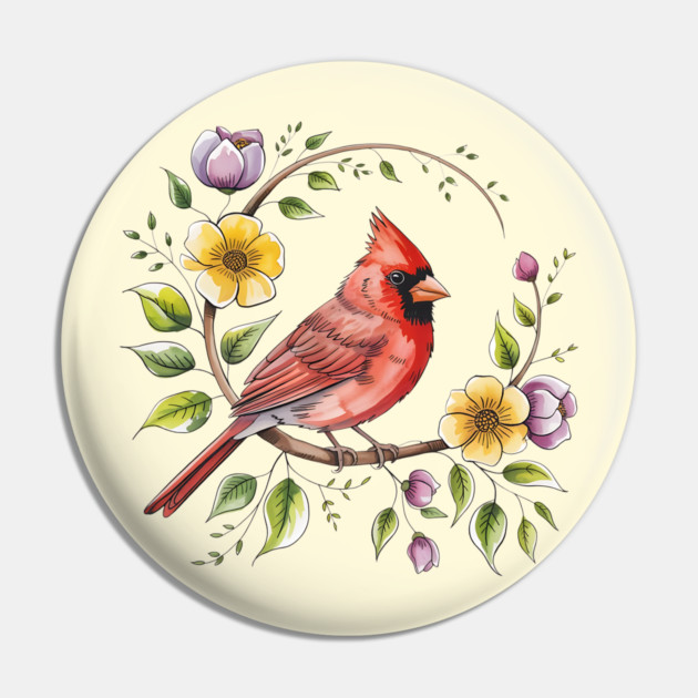 Northern Cardinal with Blossoms and Botanical Charm Pin by BirdsnStuff