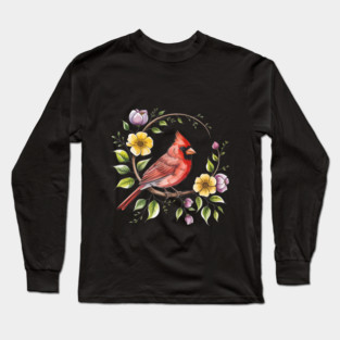 Northern Cardinal with Blossoms and Botanical Charm Long Sleeve T-Shirt