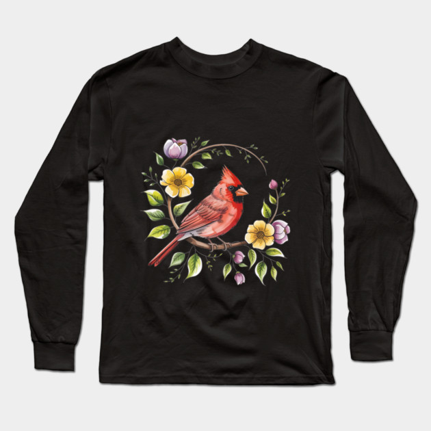 Northern Cardinal with Blossoms and Botanical Charm Long Sleeve T-Shirt by BirdsnStuff