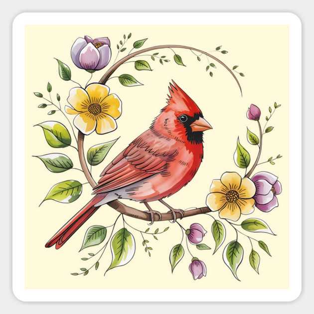 Northern Cardinal with Blossoms and Botanical Charm Magnet by BirdsnStuff
