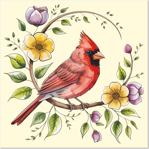 Northern Cardinal with Blossoms and Botanical Charm Wall Art by BirdsnStuff