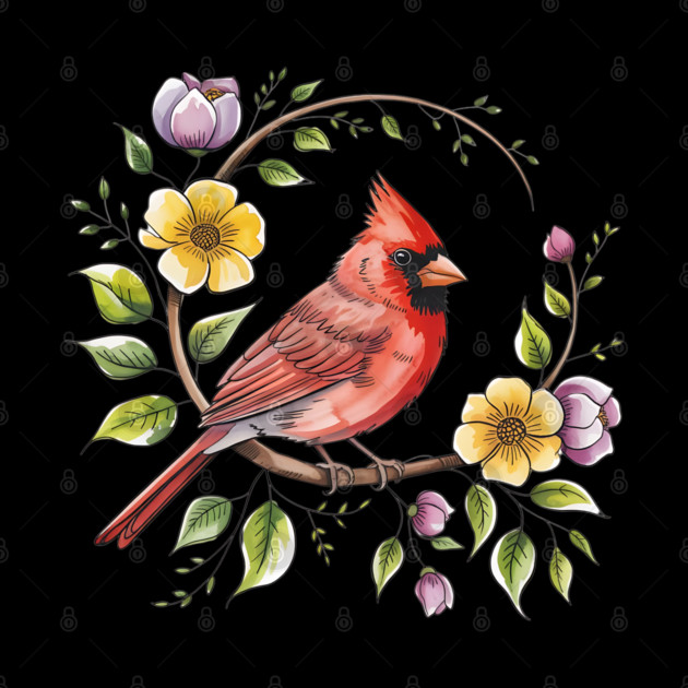 Northern Cardinal with Blossoms and Botanical Charm by BirdsnStuff