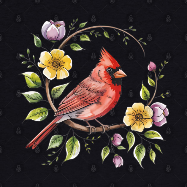 Northern Cardinal with Blossoms and Botanical Charm by BirdsnStuff