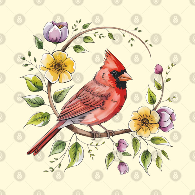 Northern Cardinal with Blossoms and Botanical Charm by BirdsnStuff