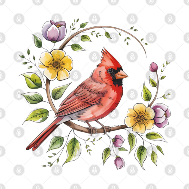 Northern Cardinal with Blossoms and Botanical Charm by BirdsnStuff