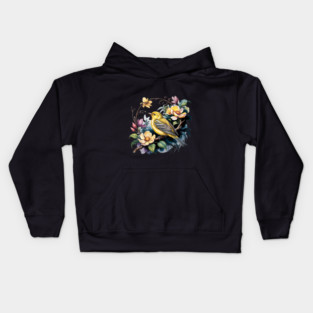Yellow Warbler Songbird in Botanical Cottagecore Blooms Kids Hoodie