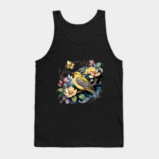 Yellow Warbler Songbird in Botanical Cottagecore Blooms Tank Top
