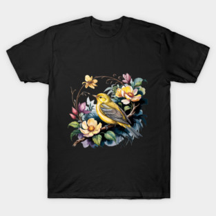 Yellow Warbler Songbird in Botanical Cottagecore Blooms T-Shirt