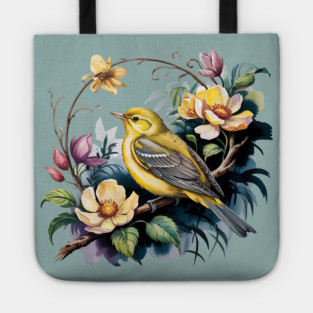 Yellow Warbler Songbird in Botanical Cottagecore Blooms Tote