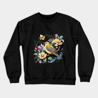Yellow Warbler Songbird in Botanical Cottagecore Blooms Crewneck Sweatshirt