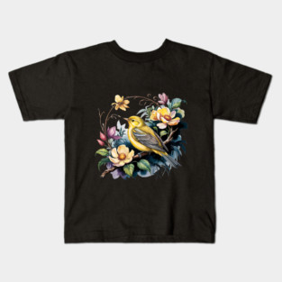 Yellow Warbler Songbird in Botanical Cottagecore Blooms Kids T-Shirt