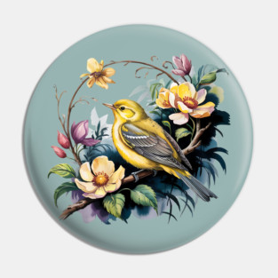 Yellow Warbler Songbird in Botanical Cottagecore Blooms Pin
