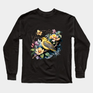 Yellow Warbler Songbird in Botanical Cottagecore Blooms Long Sleeve T-Shirt