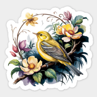 Yellow Warbler Songbird in Botanical Cottagecore Blooms Magnet